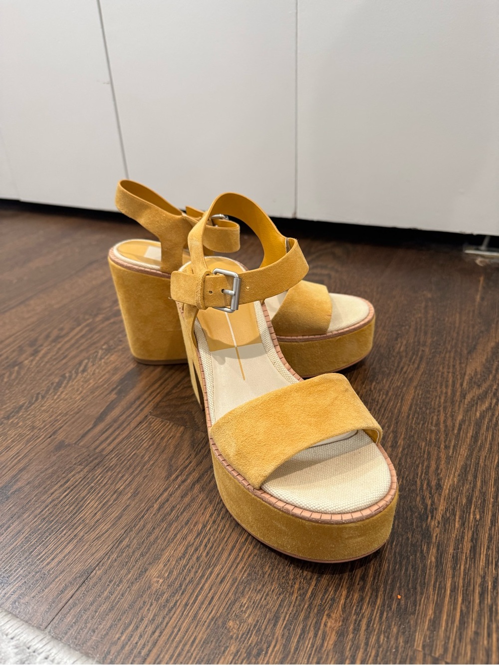 Dolce Vita Platform Suede Ankle-Strap Sandals in Mustard Yellow